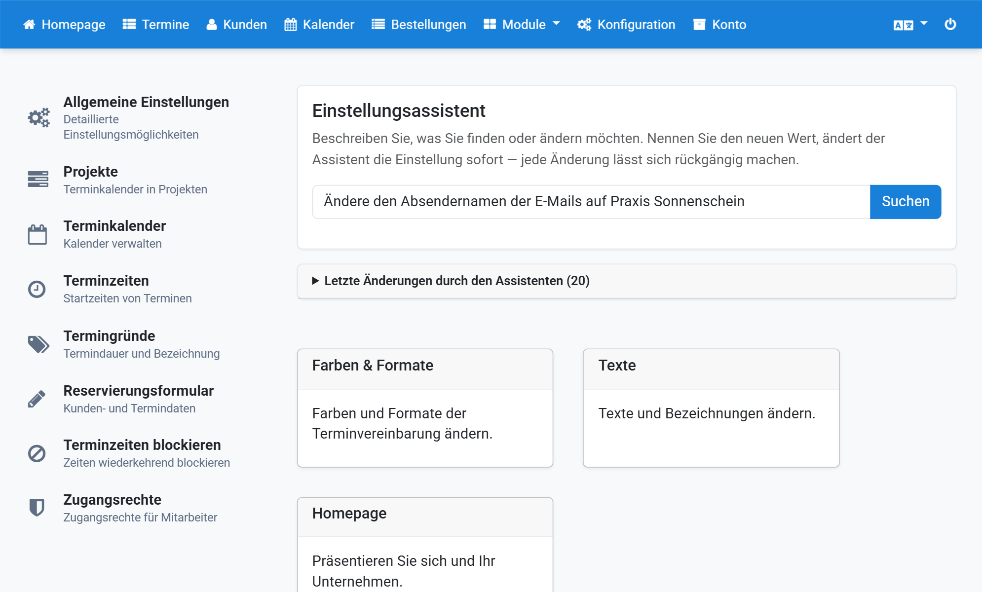 Der Einstellungsassistent oben auf der Seite Konfiguration