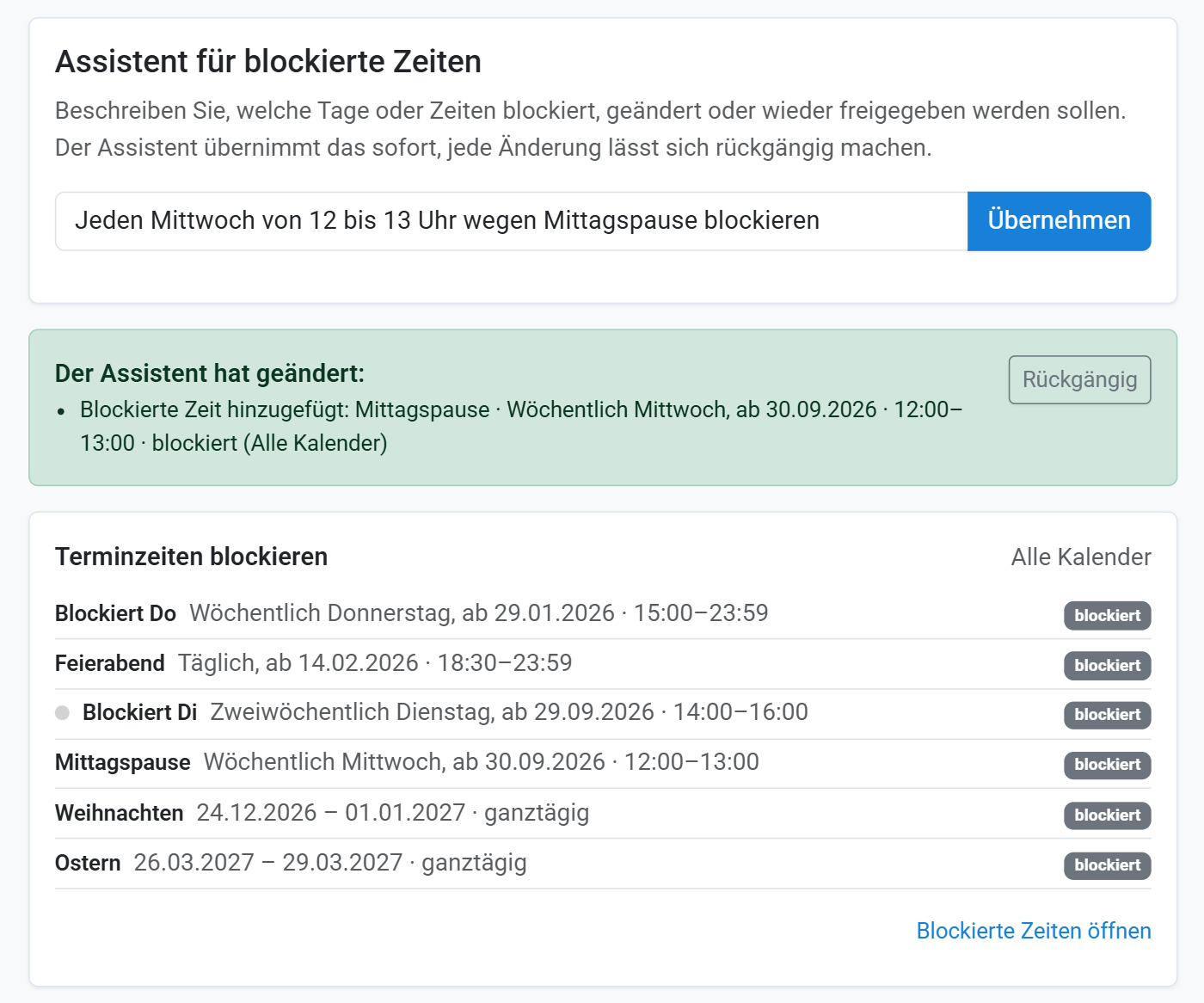 Der Assistent für blockierte Zeiten trägt eine wöchentliche Mittagspause ein
