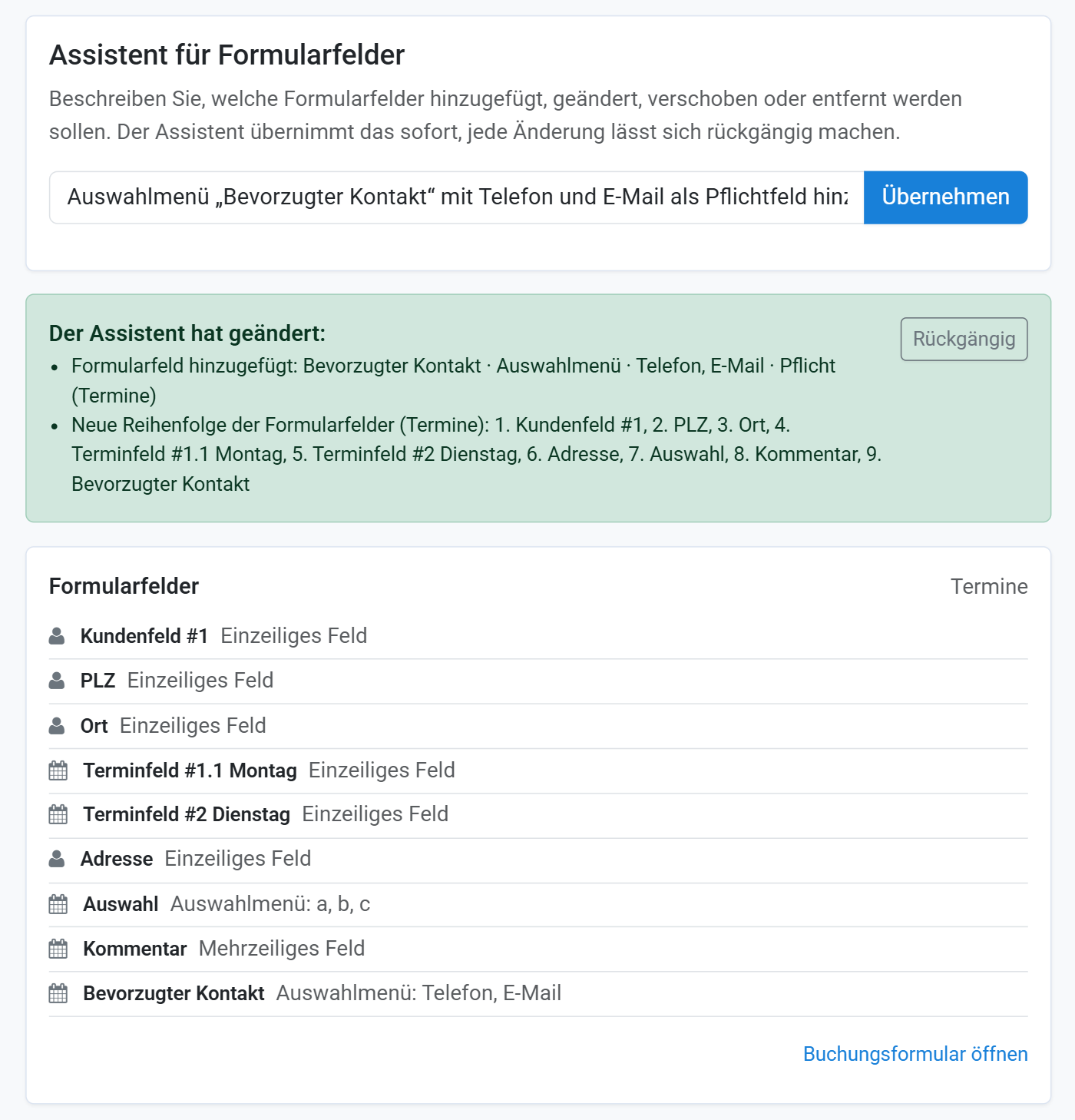 Der Assistent für Formularfelder fügt ein Auswahlmenü als Pflichtfeld hinzu