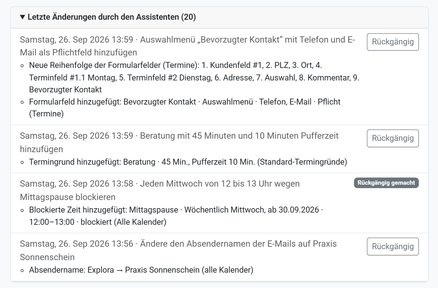Die Liste der letzten Änderungen durch den Assistenten mit Rückgängig-Schaltflächen