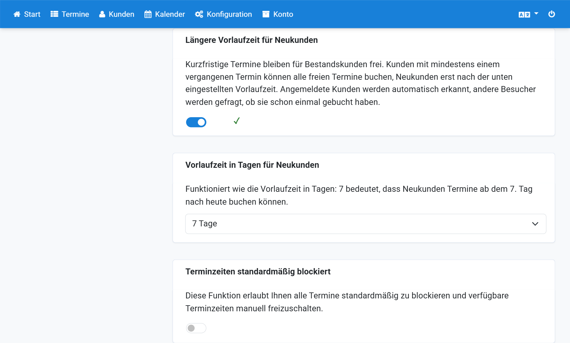 Aktivieren Sie den Schalter bei Längere Vorlaufzeit für Neukunden