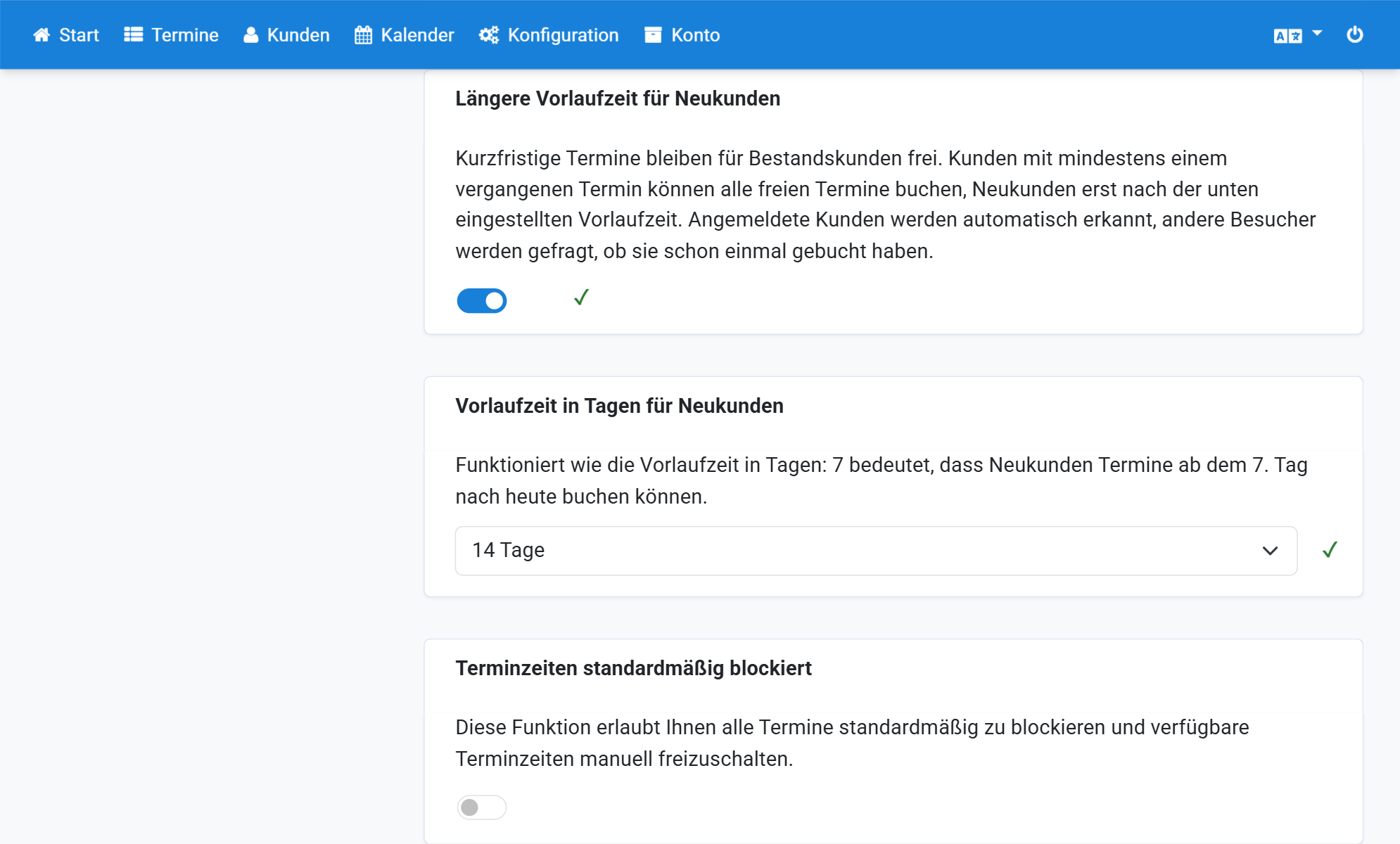 Wählen Sie bei Vorlaufzeit in Tagen für Neukunden den Wert 14 Tage