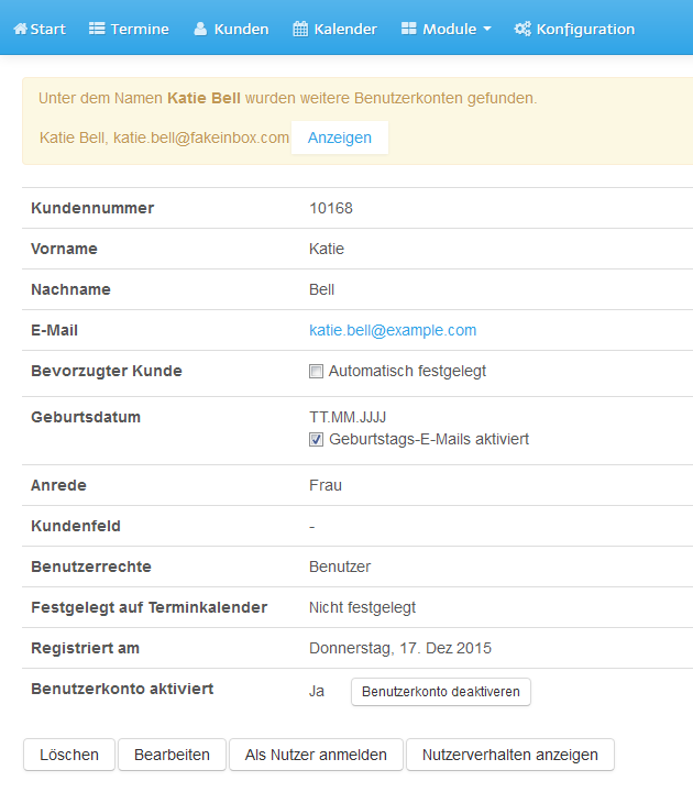 Dublettenprüfung für Kundenkonten des Terminplaners